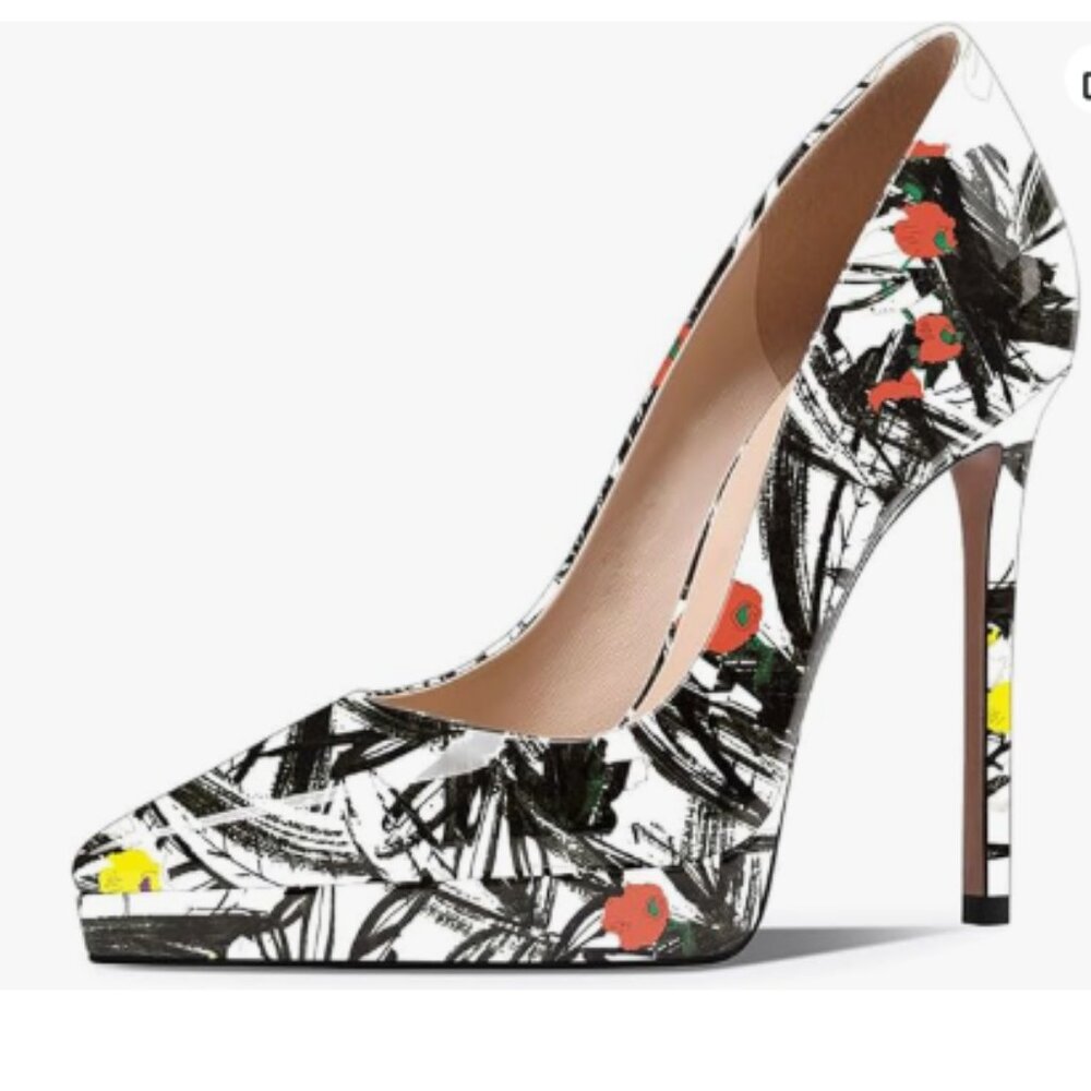 Printed Floral High Heel Pumps in White and Black